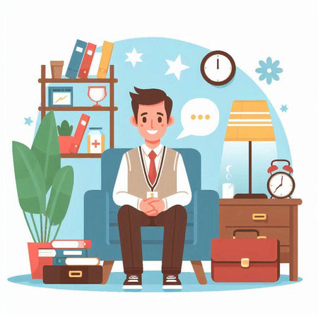 Businessman sitting on sofa in office. Flat style vector illustration.のイラスト素材