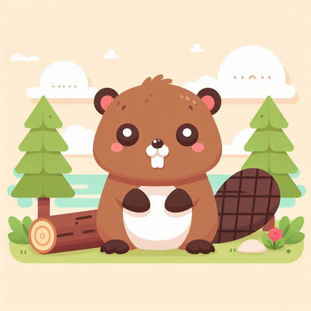 Cute beaver in the forest. Vector illustration in cartoon styleのイラスト素材