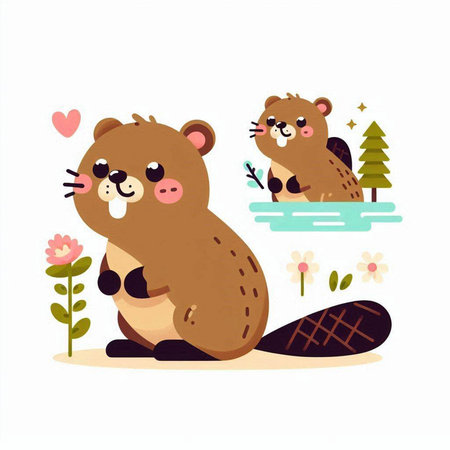 Cute cartoon beaver. Vector illustration in a flat style.のイラスト素材