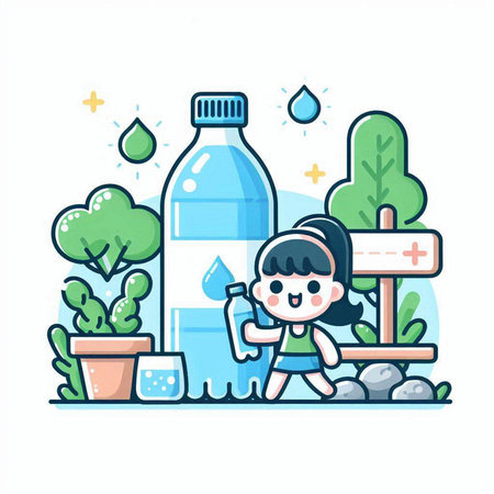 Cute little girl drinking water in the park. Vector illustration in a flat styleのイラスト素材