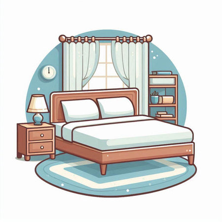 Bedroom interior with furniture. Vector illustration in cartoon style. Bedroom with bed, lamp, bookshelf, curtains.のイラスト素材