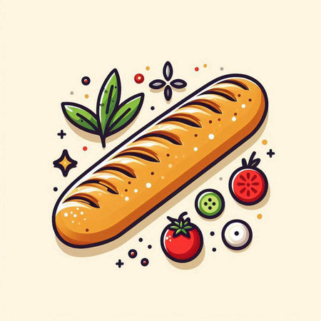 Baguette with vegetables and spices. Vector illustration in flat styleのイラスト素材