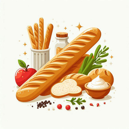 Baguette with ingredients for baking. Vector illustration in cartoon style.のイラスト素材