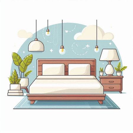 Vector illustration of a bedroom with a bed, lamp and plants.のイラスト素材