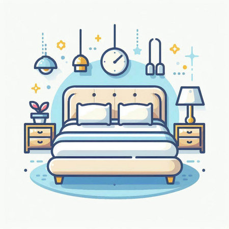 Vector illustration of modern bedroom interior with bed, lamp and clock. Line style.のイラスト素材