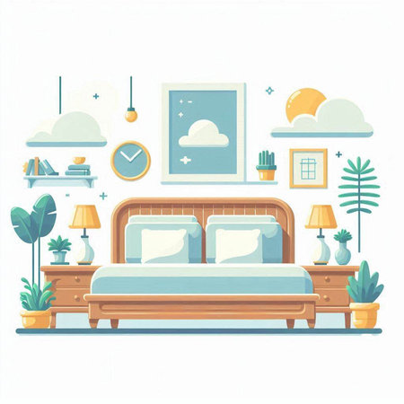 Bedroom interior with furniture and decor. Vector illustration in flat styleのイラスト素材