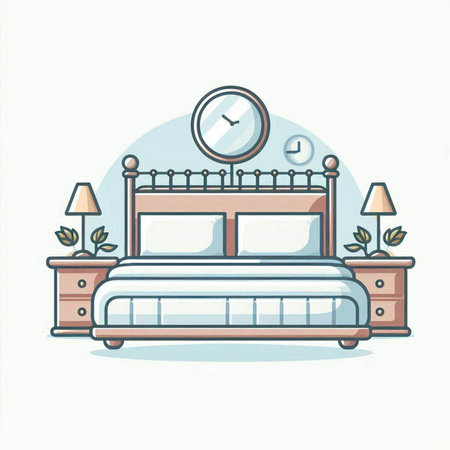 Vector illustration of a bedroom interior with a double bed and a clockのイラスト素材