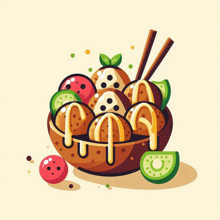Illustration of a bowl of ice cream with chopsticks and kiwiのイラスト素材