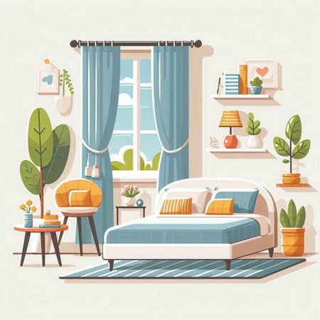 Bedroom interior. Cozy room with furniture. Vector illustration.のイラスト素材
