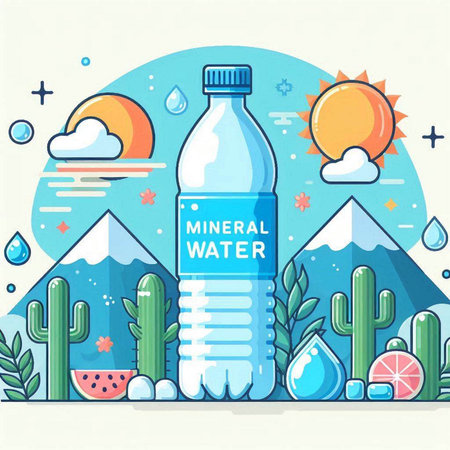 Vector illustration of a bottle of water in the desert with cactus and mountains.のイラスト素材