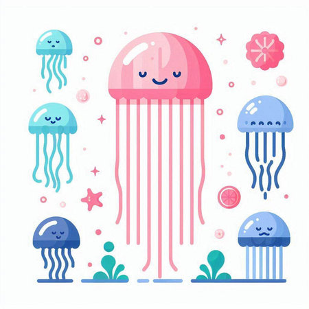Cute jellyfish set. Vector illustration in flat cartoon style.のイラスト素材
