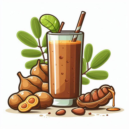 Illustration of a glass of fresh tamarind juice with fruits and leavesのイラスト素材