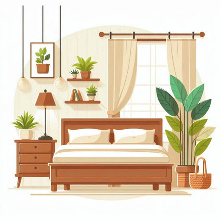 Bedroom interior with furniture and plants. Vector illustration in cartoon styleのイラスト素材