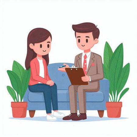 Man and woman sitting on sofa and discussing something. Vector illustration.のイラスト素材