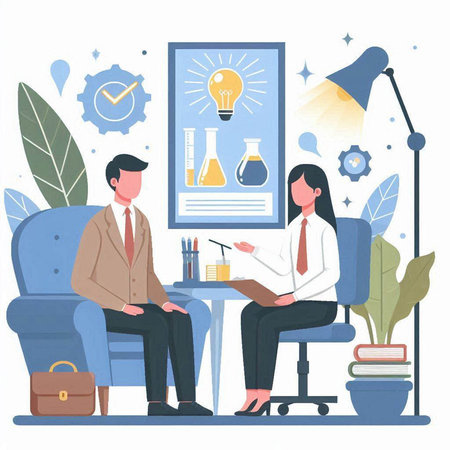 Businessman and businesswoman sitting in armchair and discussing project. Man and woman in office. Vector illustrationのイラスト素材