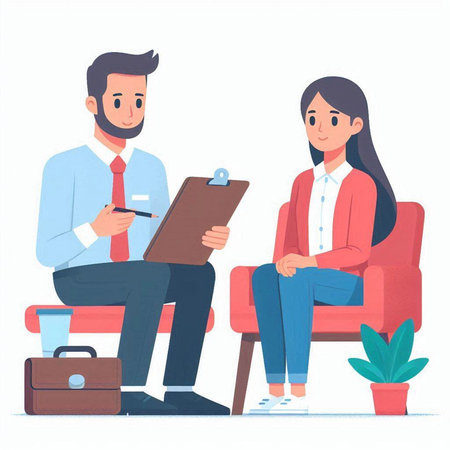 Job interview vector illustration. Man and woman sitting on chairs with documents and looking at each otherのイラスト素材