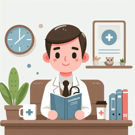 Doctor sitting at the desk and reading a book. Vector illustration.のイラスト素材