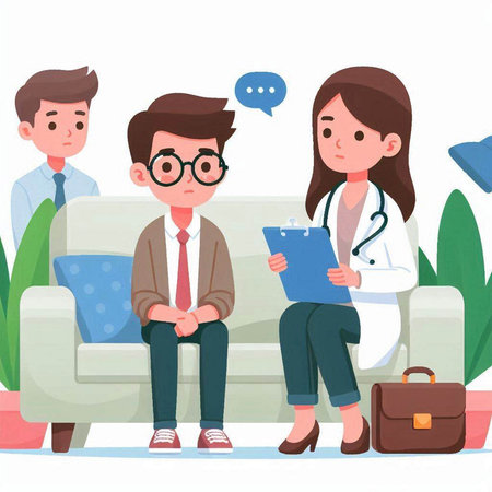 Doctor and patient sitting on sofa. Vector illustration in cartoon style.のイラスト素材