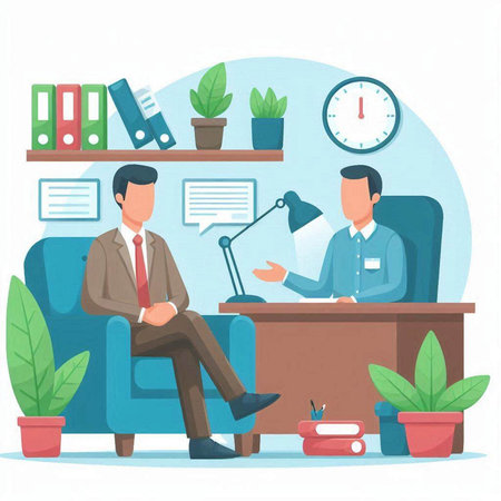 Job interview vector illustration. Man sitting in armchair, talking with employer, sitting at table in office. Job interview concept.のイラスト素材