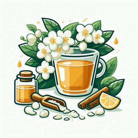 Cup of tea with jasmine flowers, cinnamon, lemon and sugar. Vector illustration.のイラスト素材