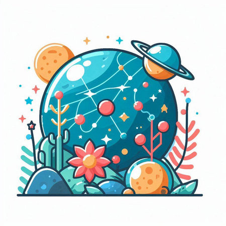 Cartoon vector illustration of planet with stars, planets and flowers.のイラスト素材