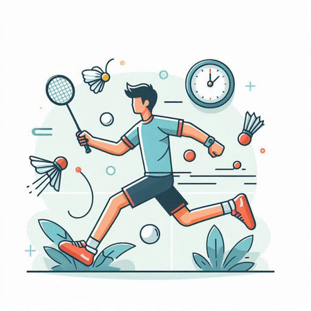 Badminton player with racket and shuttlecock, flat vector illustration.のイラスト素材