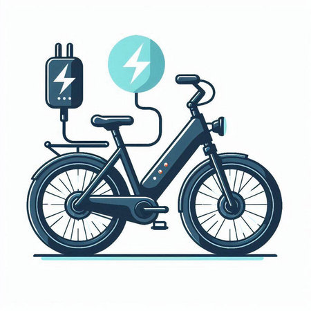 Electric bike and charging cable. Alternative energy transport. Vector illustration.のイラスト素材