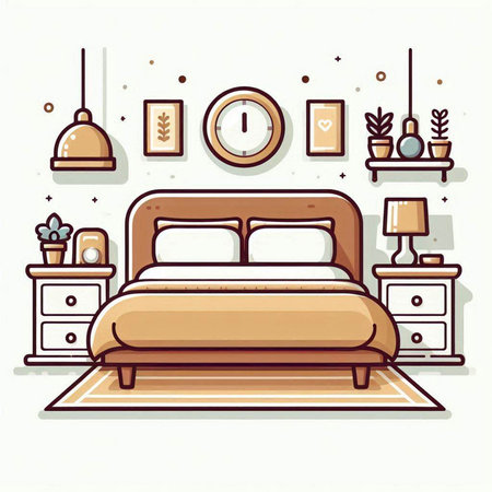 Bedroom interior design. Vector illustration in flat cartoon style. Bedroom furniture.のイラスト素材