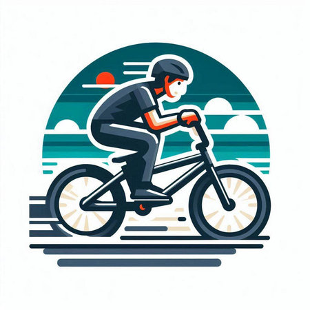 Cyclist in helmet riding a bicycle on the road. Vector illustration.のイラスト素材