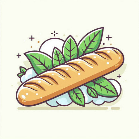 Baguette with green leaves on white background. Vector illustration.のイラスト素材
