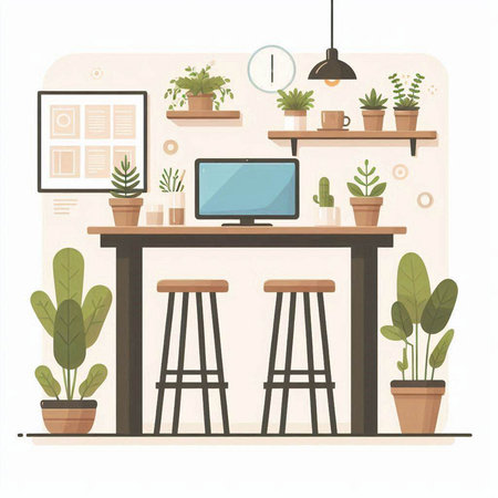 Interior design of home office. Vector illustration in flat style.のイラスト素材