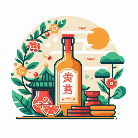 Chinese New Year greeting card with bottle of wine. Vector illustration.のイラスト素材