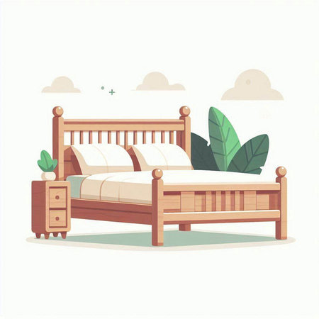 Wooden bed with pillows. Vector illustration in cartoon style.のイラスト素材