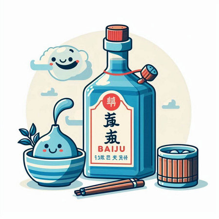 Vector illustration of a bottle of chinese liquor with cute cartoon characters.のイラスト素材