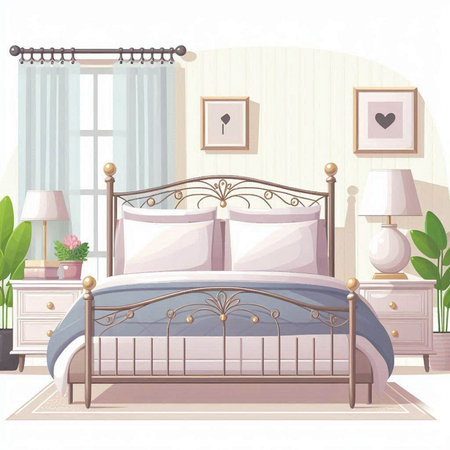 Bedroom interior with double bed. Vector illustration in cartoon style.のイラスト素材