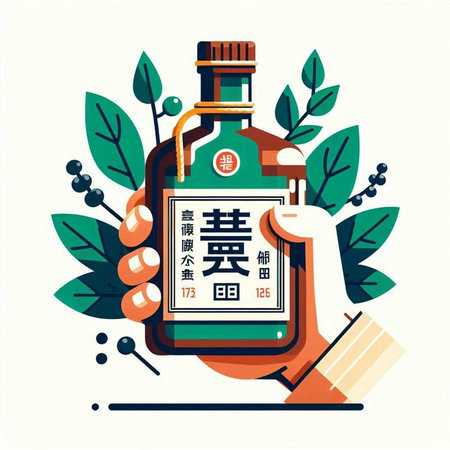 Bottle of sake in hand with green leaves. Vector illustration.のイラスト素材