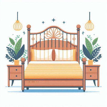 Vector illustration of a cozy bedroom with a double bed and a bedside tableのイラスト素材
