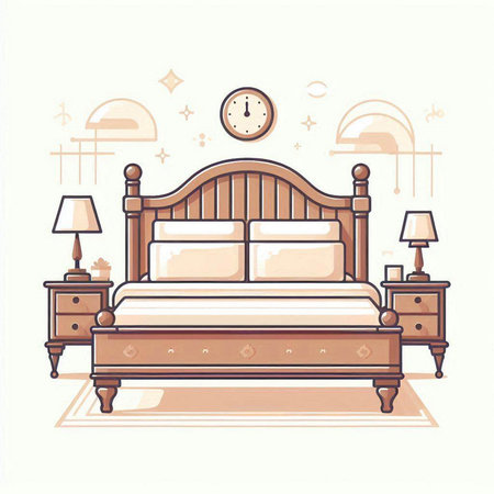 Vector illustration of a bed with pillows and a bedside table.のイラスト素材