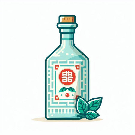 Illustration of a tequila bottle with green leaves on a white backgroundのイラスト素材