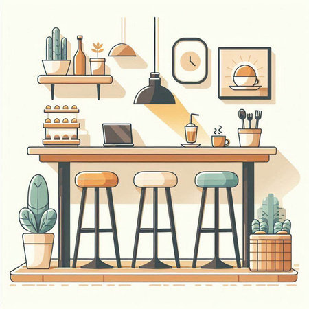 Interior of cafe with bar counter, chair and table. Vector illustrationのイラスト素材