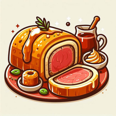 Illustration of a slice of meat on a plate with tea and honeyのイラスト素材