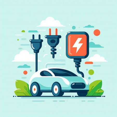 Electric car and electric plug in the park. Flat style vector illustration.のイラスト素材