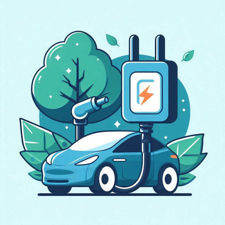 Electric car charging. Electric car with electric plug. Vector illustration.のイラスト素材
