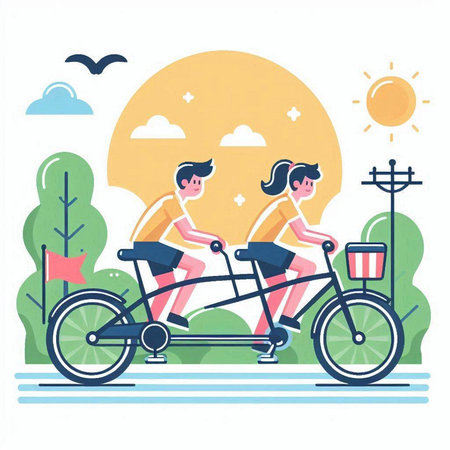Couple riding a tandem bicycle in the park. Flat vector illustration.のイラスト素材