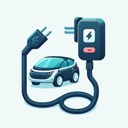 Electric car charging station. Electric car with plug. Vector illustration.のイラスト素材