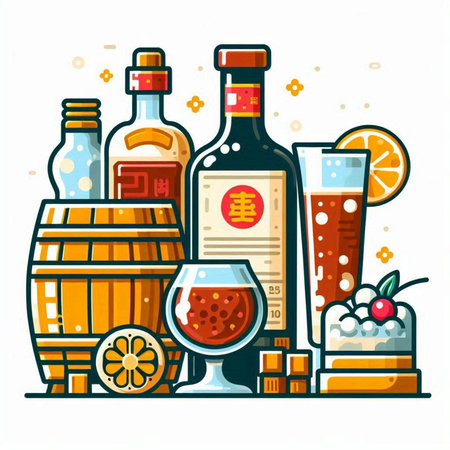 Vector illustration of set of alcoholic beverages in bottles, glasses and barrels.のイラスト素材
