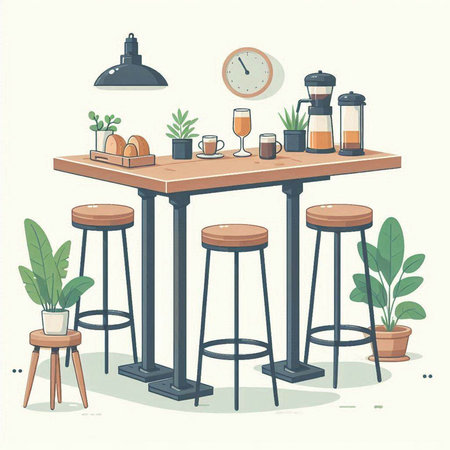 Vector illustration of a cafe interior with bar counter, chair, coffee table, potted plants and clockのイラスト素材