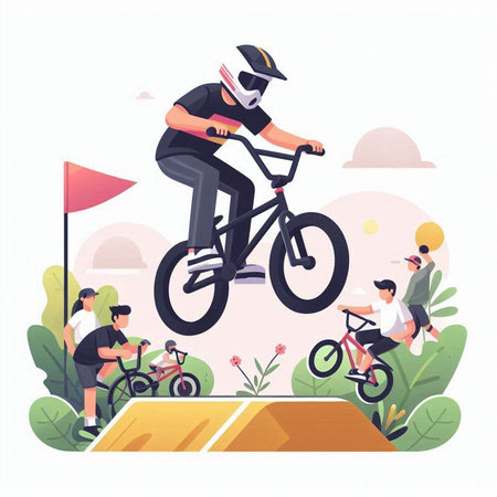 Bmx rider flat color vector faceless character. Extreme sport. Cyclist riding a bike on the road. Outdoor activity cartoon illustration for web graphic design and animationのイラスト素材