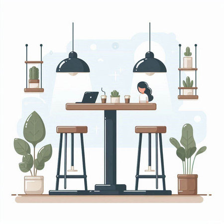 Vector illustration of a cafe interior with tables, chairs and plants.のイラスト素材