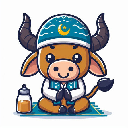 Cute cartoon cow sitting on yoga mat. Vector illustration in flat style.のイラスト素材